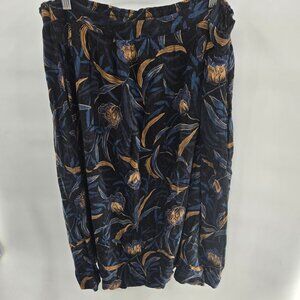 Vintage Sag Harbor Blue Floral Gold Leaf Rayon Midi Skirt 2X